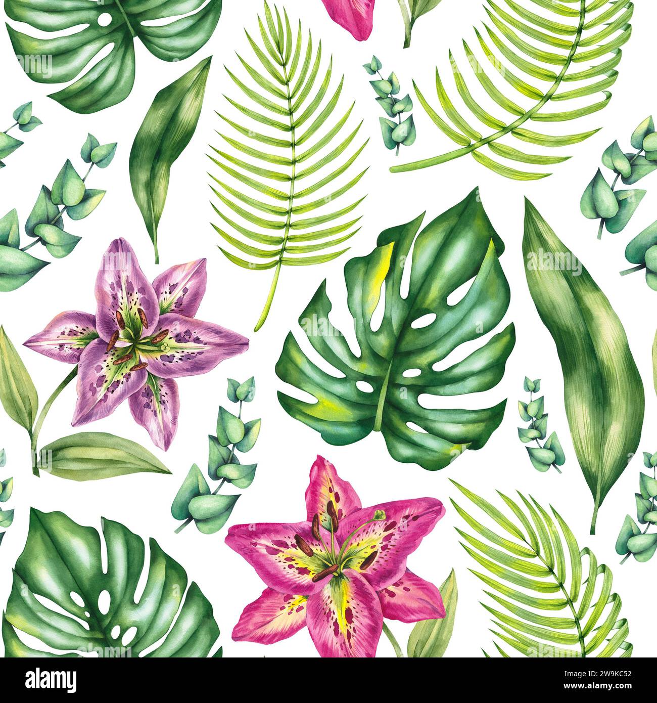 Watercolor pattern with tropical plants on a white background. Lilies, palm leaves, eucalyptus, monstera seamless pattern for design of textiles, fabr Stock Photo