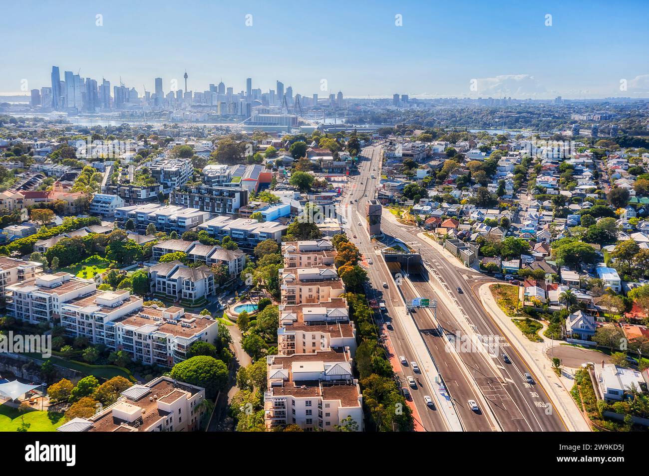 Sydney Inner West suburbs Rozelle along Victoria road and Westconnex toll road tunnel - aerial cityscape. Stock Photo