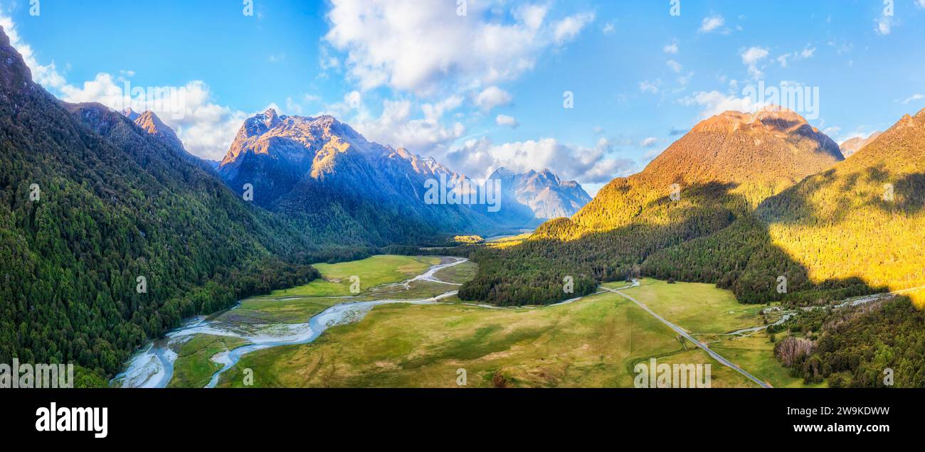 Eglinton valley and river in popular tourist destination at Fiordland of New Zealand on south