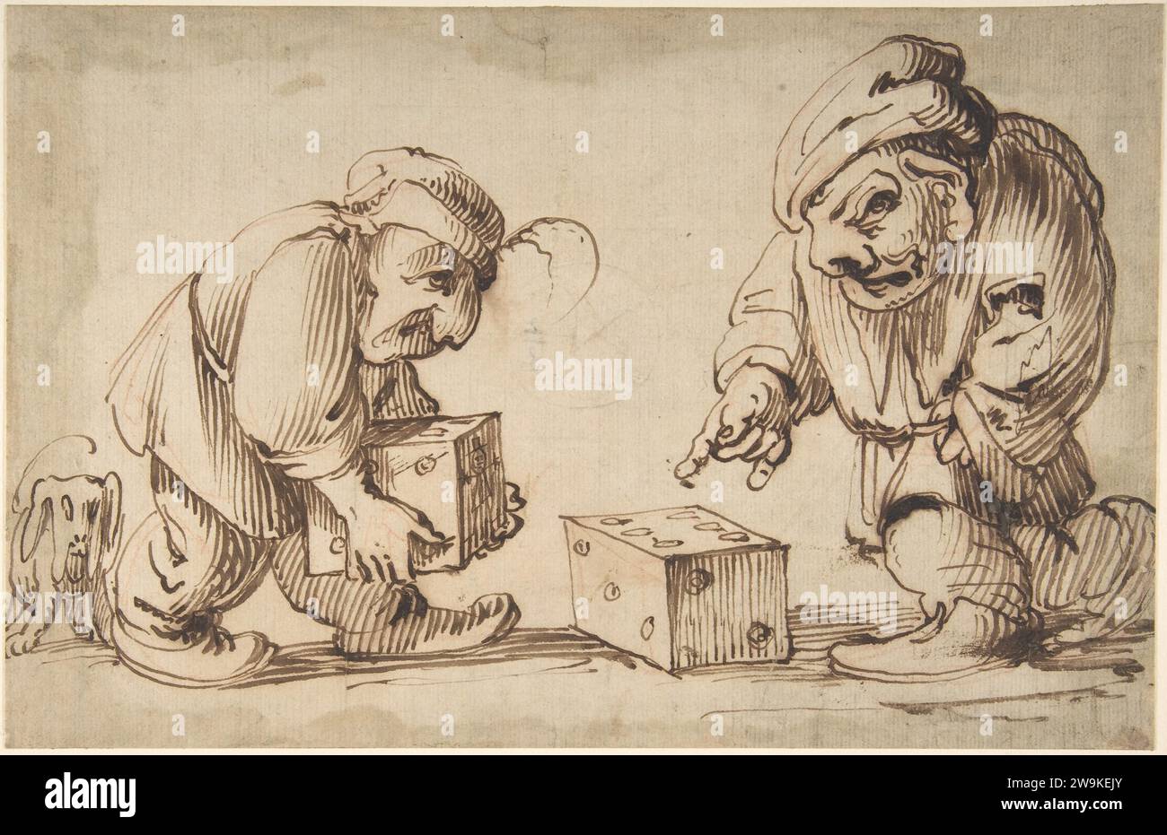 Two Dwarfs Playing Dice, a Dog at Left (recto), Study of a Leg (verso