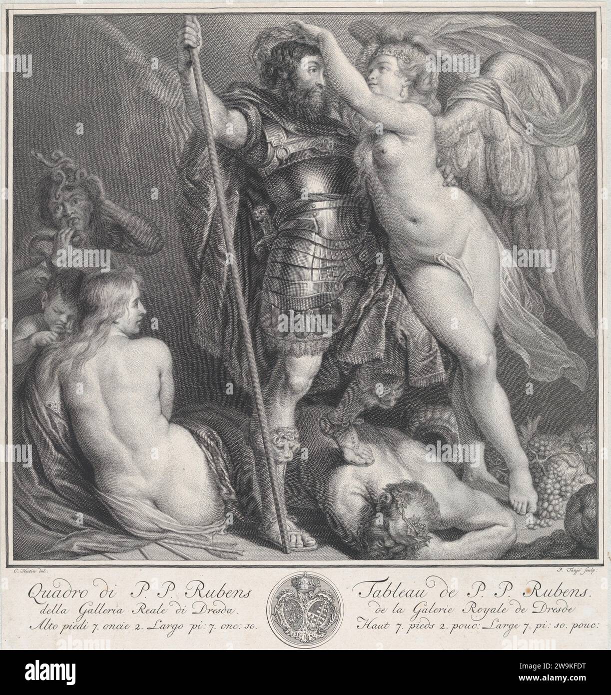 Hero crowned by Victory, who places a laurel wreath on his head, Venus and Cupid at left, Envy at left in the background, Silenus on the ground, under the hero's foot 1951 by Peter Paul Rubens Stock Photo