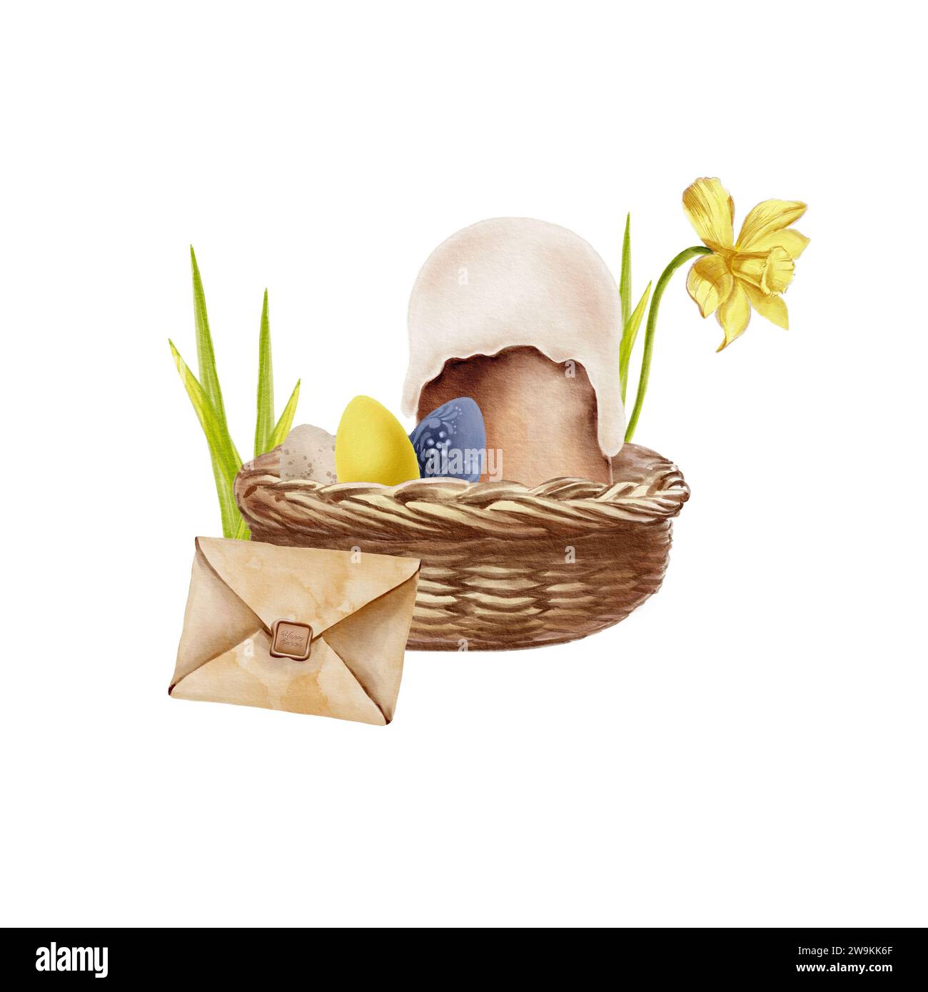Easter set in watercolor. Wicker basket, Easter cake, eggs, daffodil