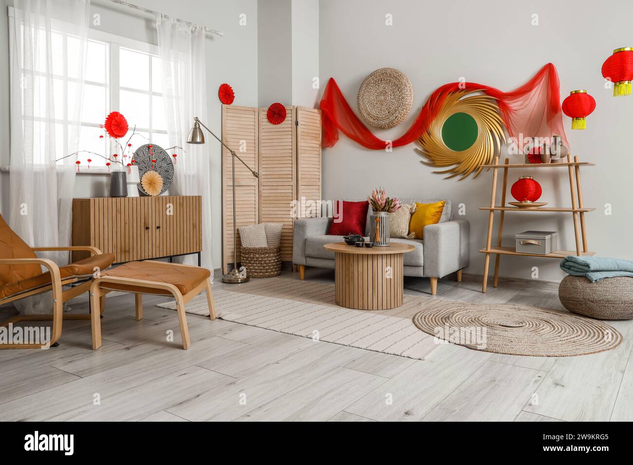 Interior of festive living room with traditional Chinese decorations ...