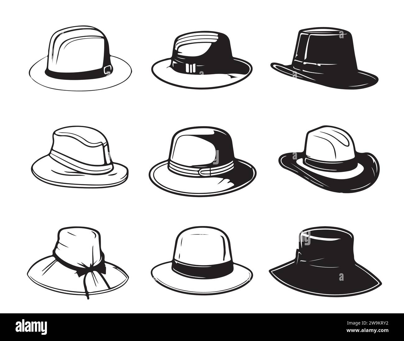 Hat collection hand draw engraving style black and white clipart isolated on white background Stock Vector