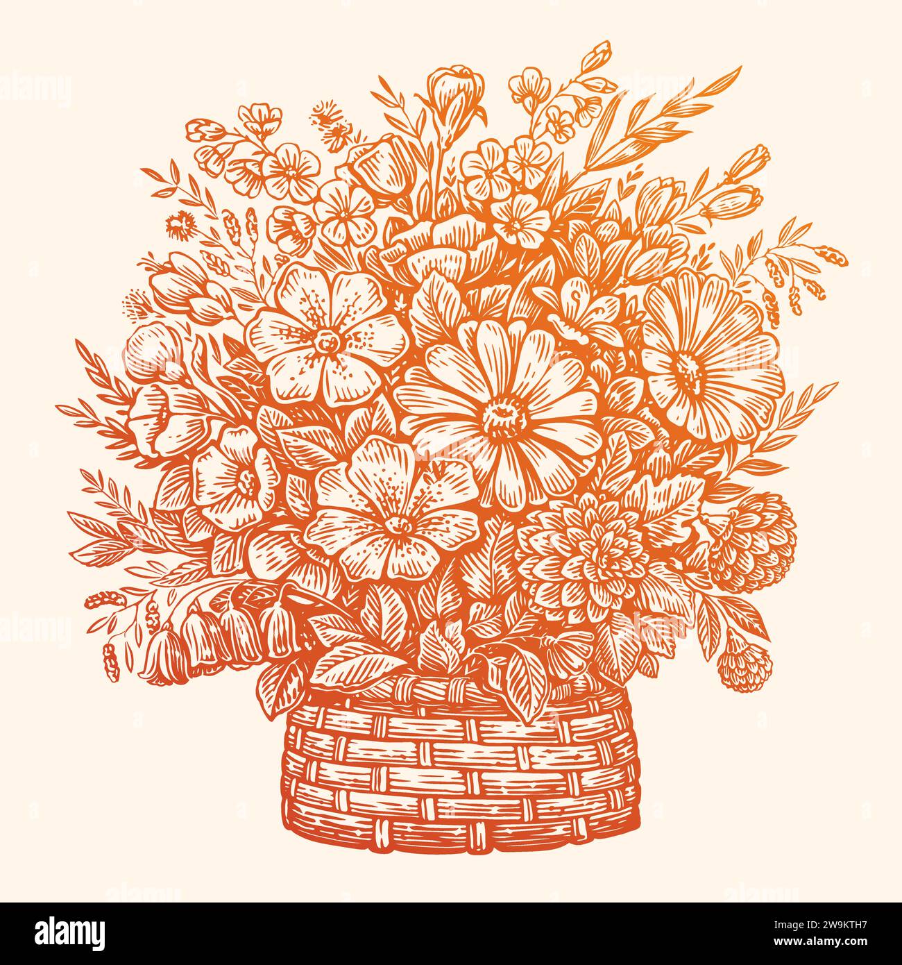 Wicker basket full of beautiful different spring flowers. Hand drawn vintage sketch vector illustration Stock Vector