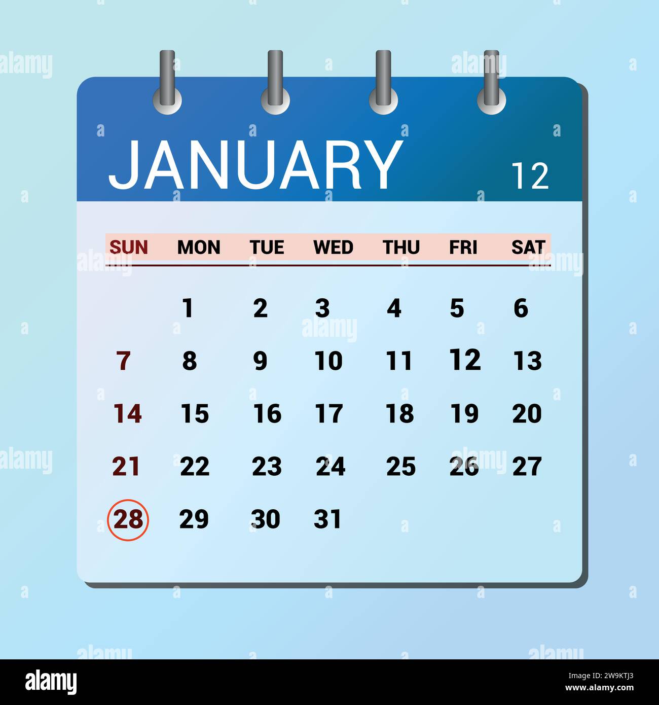 January 28 Flat icon calendar isolated on blue background Date and