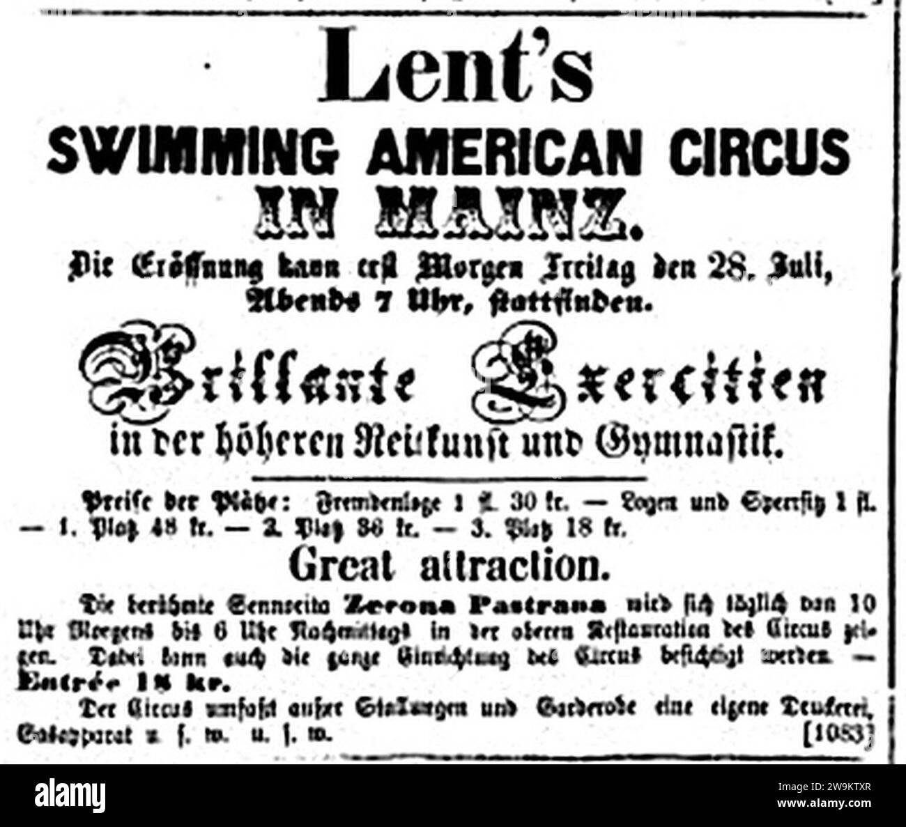 Zirkus Lent Anzeige Mainz 1871. Stock Photo