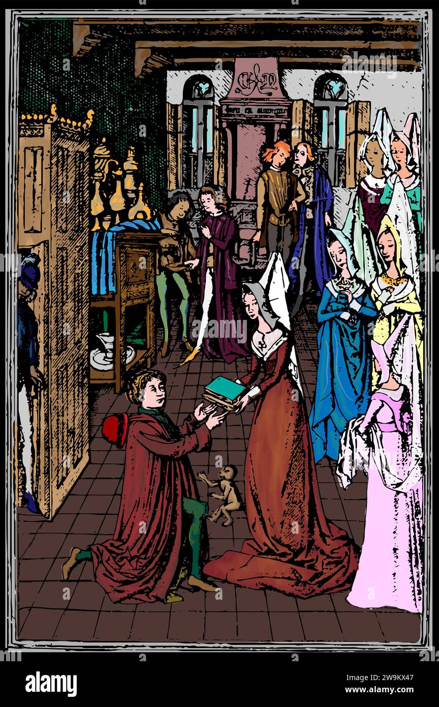 William Caxton knelt before Margaret of York, Duchess of Burgundy, offering her the book Histoires de Troie by Raoul Lefèvre. c. 1473. Stock Vector