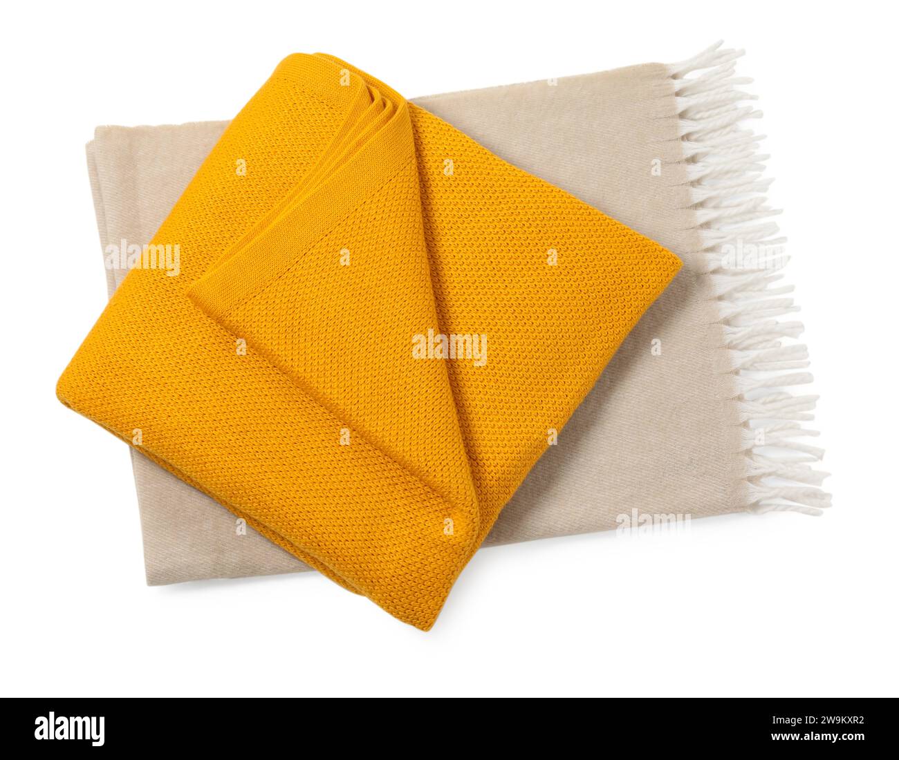 Two soft warm blankets isolated on white, above view Stock Photo