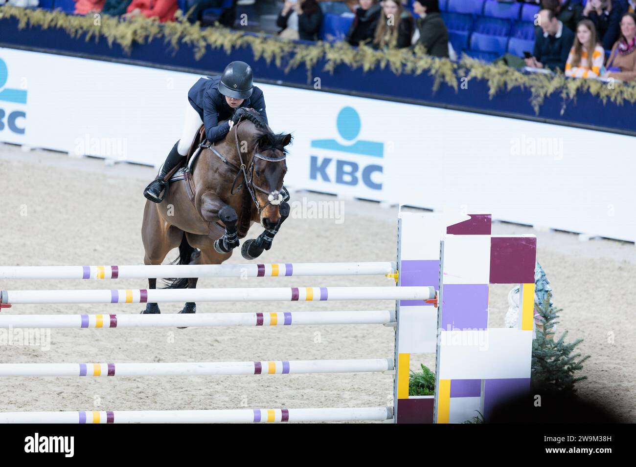 Victoria Gulliksen of Norway with Mistral van de Vogelzang during the Agora CSI5*-W - 1.40 m at the Jumping Mechelen on December 28, 2023, Nekkerhal, Belgium (Photo by Maxime David - MXIMD Pictures) Stock Photo
