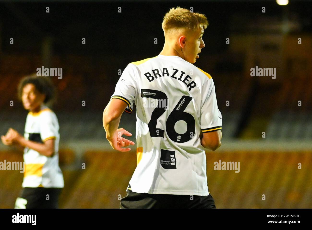 Burslem, UK, 10th October 2023. Port Vale's number 26, Liam Brazier, in action during the EFL Trophy home tie against Newcastle U21's. Credit: TeeGeePix/Alamy Live News Stock Photo