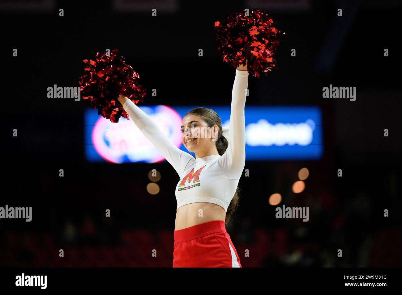 College Park, MD, USA. 28th Dec, 2023. Maryland Terrapins cheerleader looks on during the NCAA basketball game between the Coppin State Eagles and the Maryland Terrapins at Xfinity Center in College Park, MD. Reggie Hildred/CSM/Alamy Live News Stock Photo