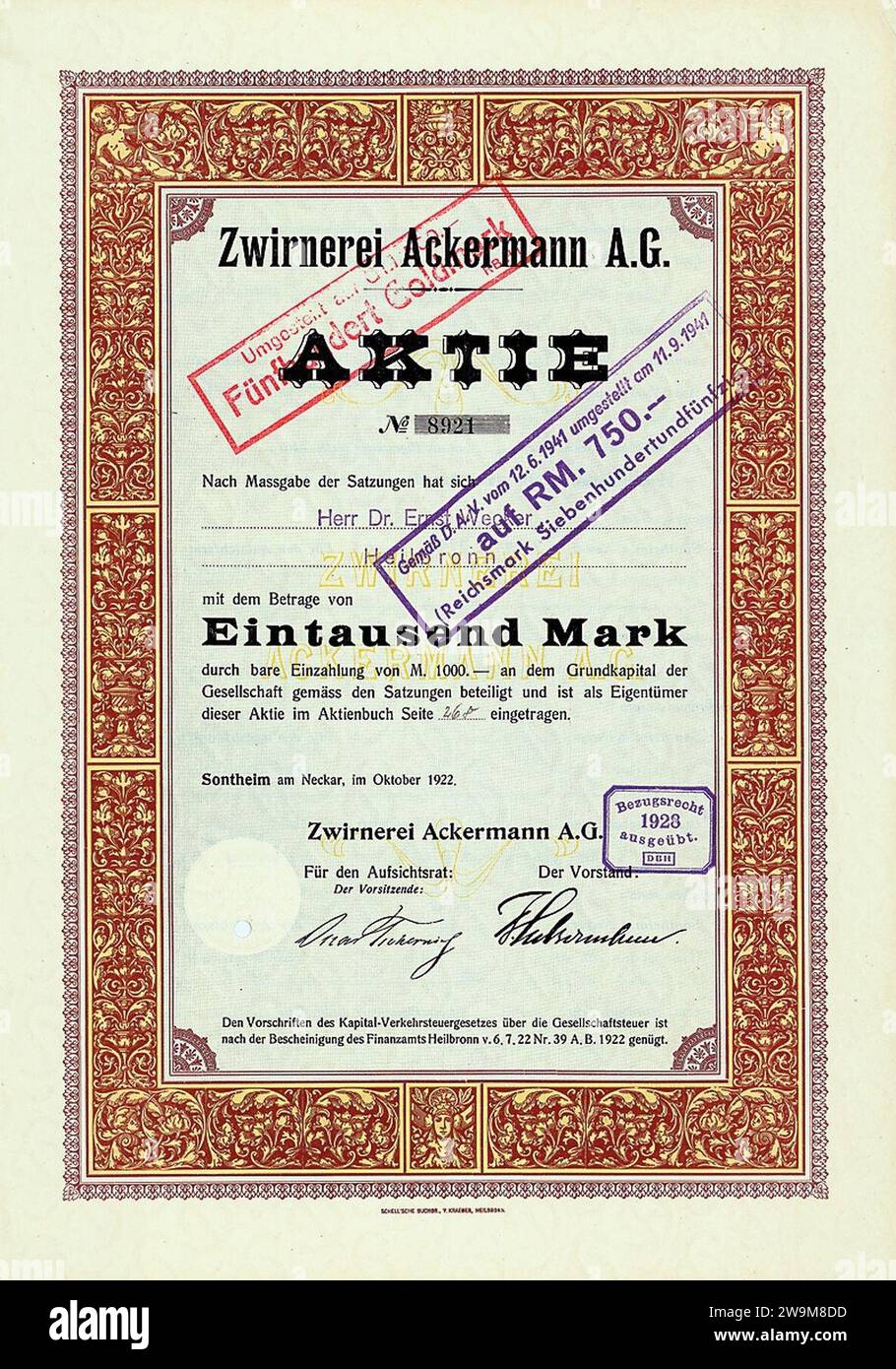 Zwirnerei Ackermann AG 1922 1000 Mk Stock Photo Alamy
