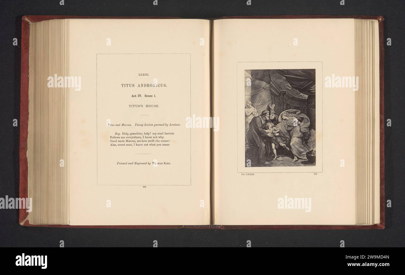 Photo production from a print to a painting by Thomas Kirk, representing a scene from Titus Andronicus by William Shakespeare, Stephen Ayling, After Thomas Kirk, c. 1854 - in or before 1864 photograph You can see deed IV, scene 1 with Lucius that is being chased by Lavinia. London photographic support albumen print specific works of literature Stock Photo