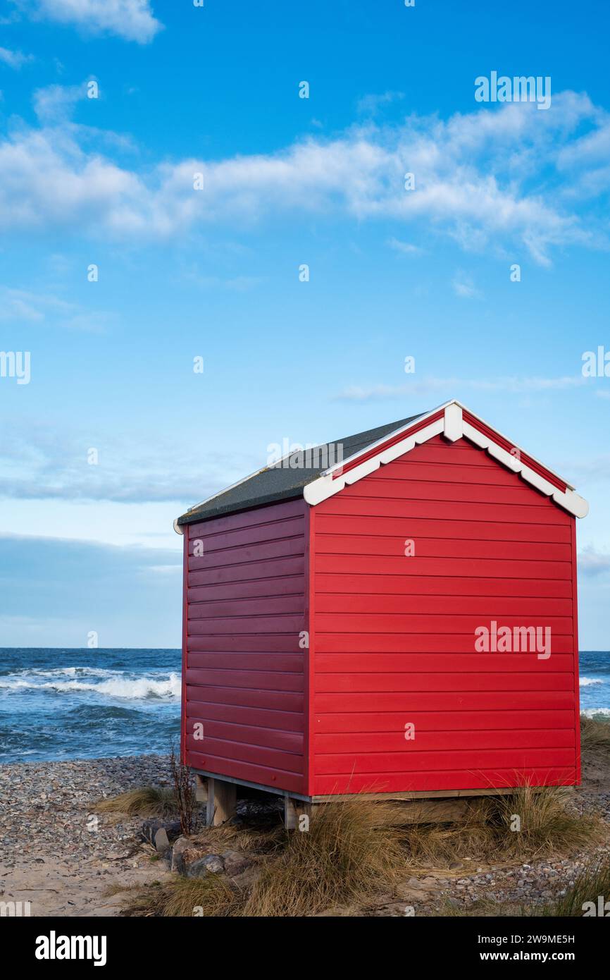 Painted beach hut on Findhorn beach. Morayshire, Scotland Stock Photo