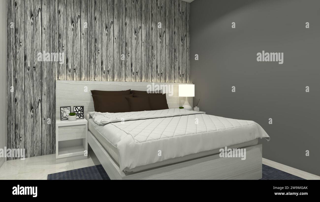 Minimalist Bedroom Design with Industrial Wallpaper Stock Photo Alamy