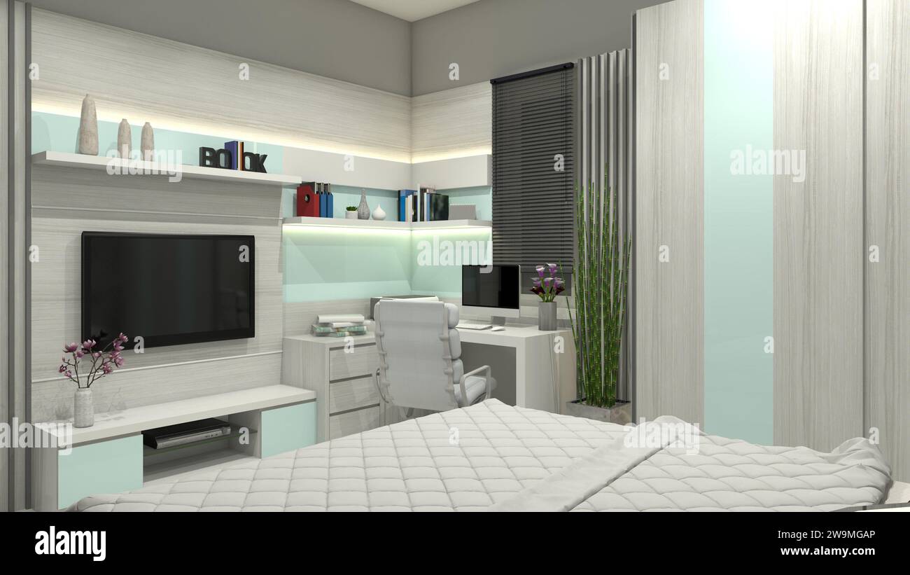 Modern Interior Bedroom with Tv and Workspace Stock Photo Alamy