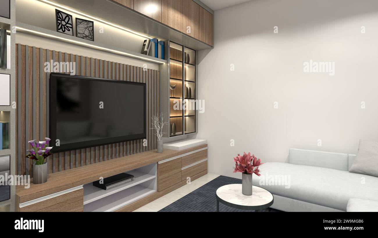 Modern Television with Wooden Furnishing Stock Photo Alamy