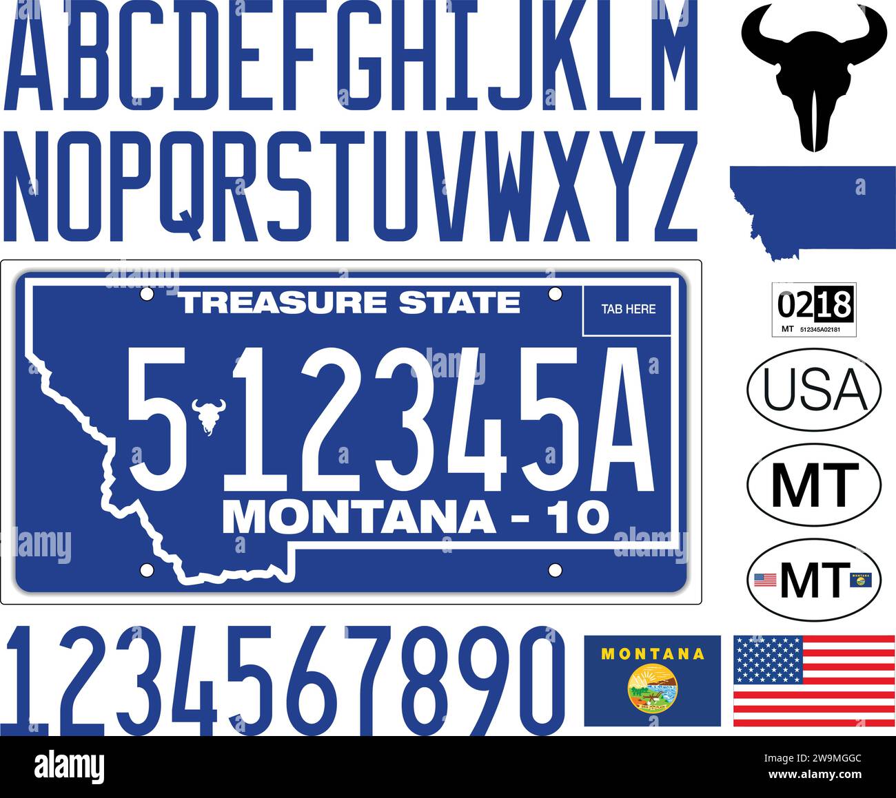 Montana car license plate blue style, letters, numbers and symbols