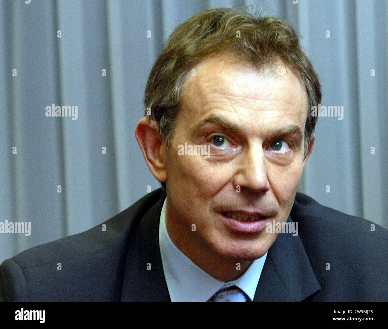 File photo dated 20/3/2003 of Prime Minister Tony Blair whose Labour government considered setting up a holding camp on the Isle of Mull in an attempt to drive down the numbers of asylum seekers entering in the UK, according to newly released official papers. The plan, put forward by one of the prime minister's closest aides, was part of a 'nuclear option' for tackling the asylum issue which would have seen illegal migrants put straight back on the plane they arrived on with little or no right of appeal. Issue date: Friday December 29, 2023. Stock Photo