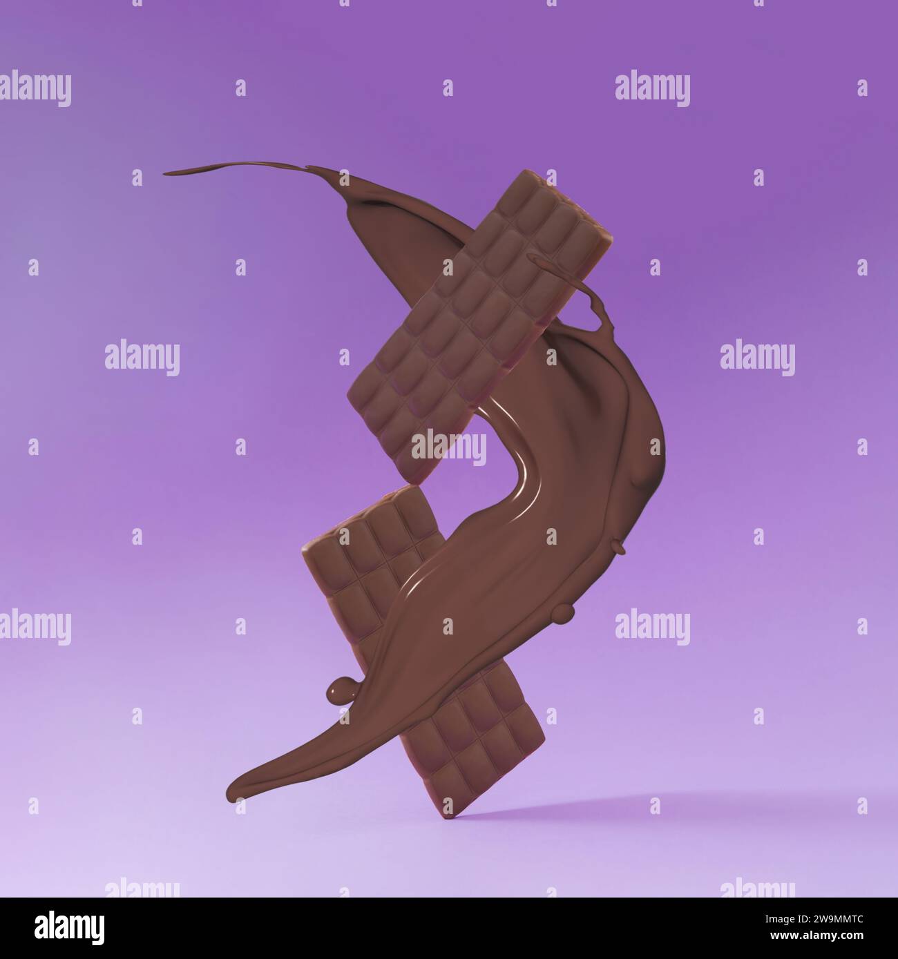 Creative layout made with delicious chocolates and chocolate milk splash on light purple background. Minimal concept. Yummy chocolate bars idea. Stock Photo