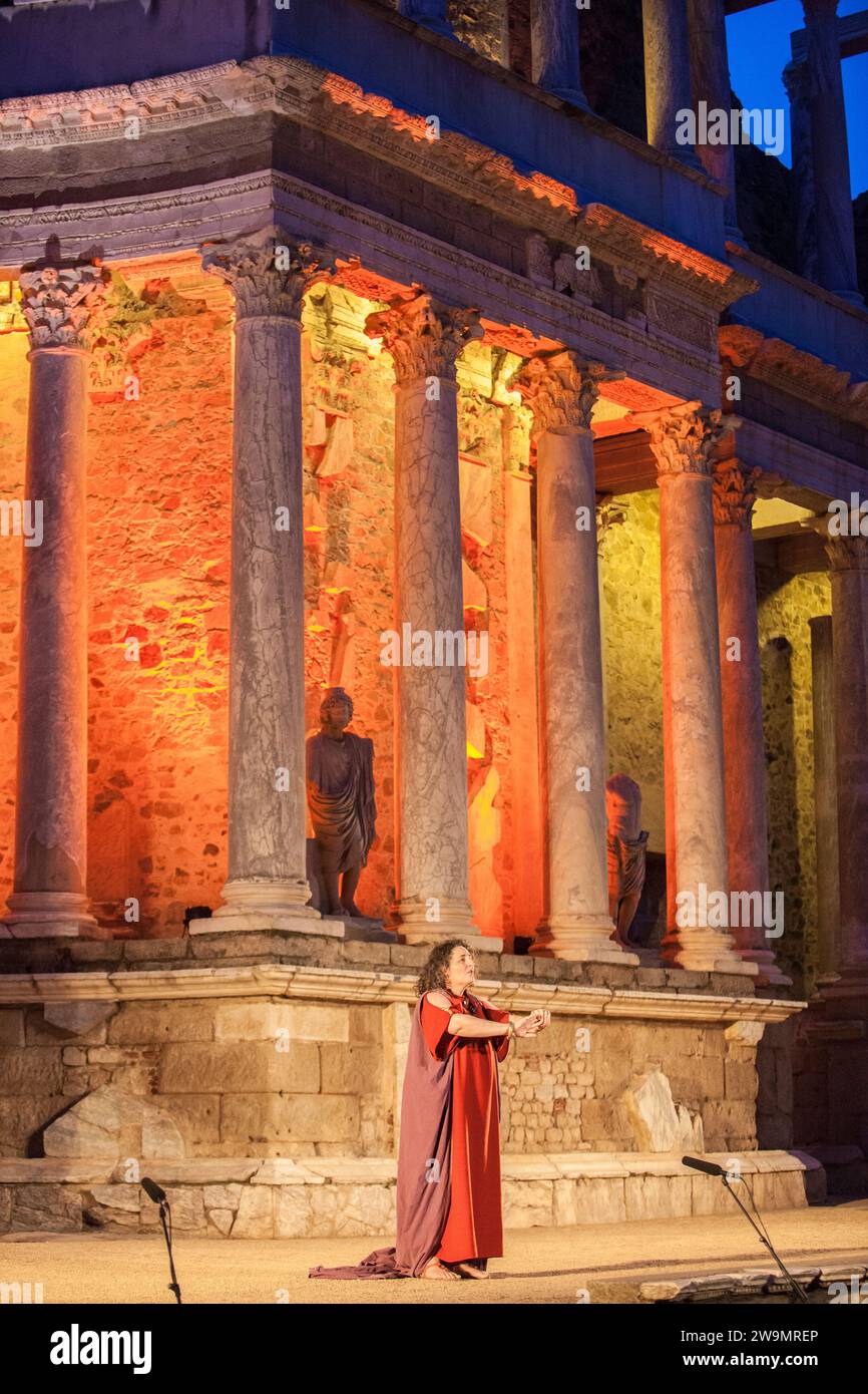 Merida, Spain Jun 3rd, 2023 Performance of Medea at the Roman Theatre of Merida. Emerita