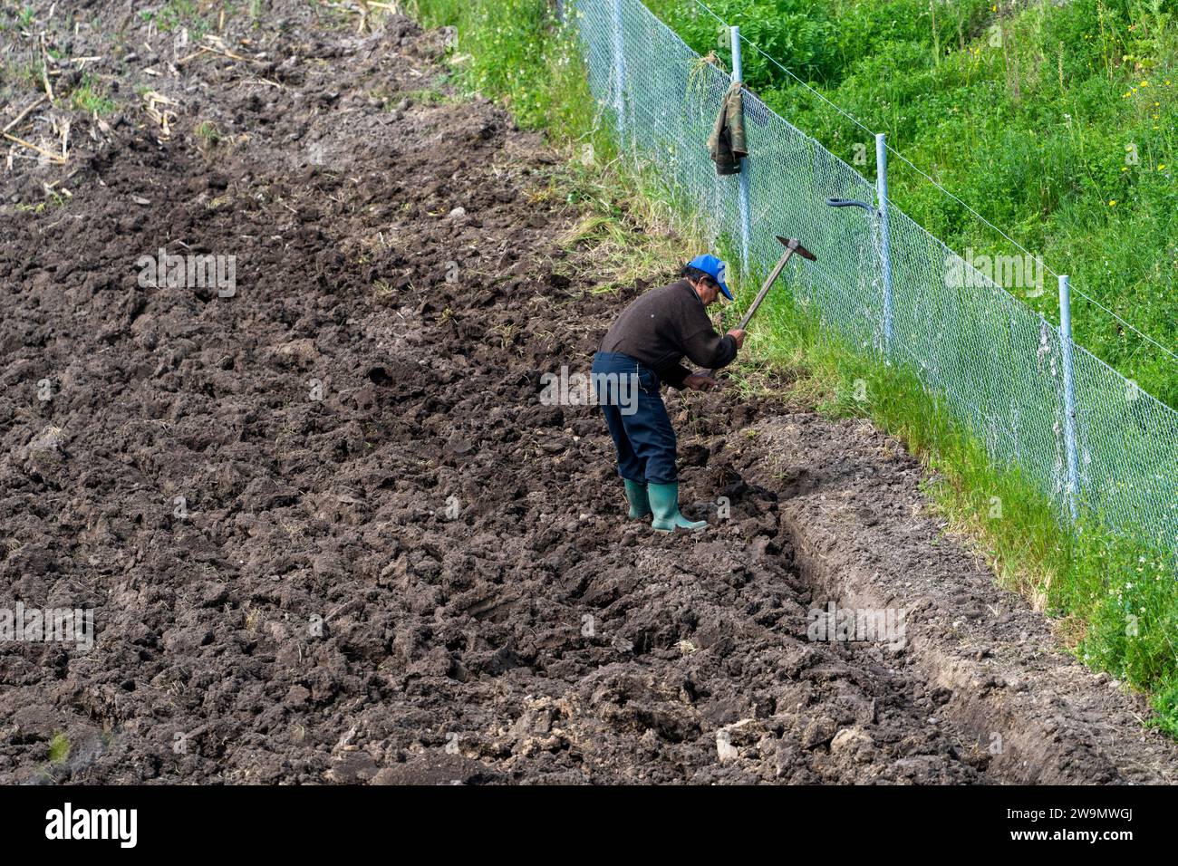 Man with green rubber boots and blue hat, digging the soil with a hoe. Sunny day. Agriculture. On the field. 5. 8. 2023. Sokolarci. Macedonia. Stock Photo