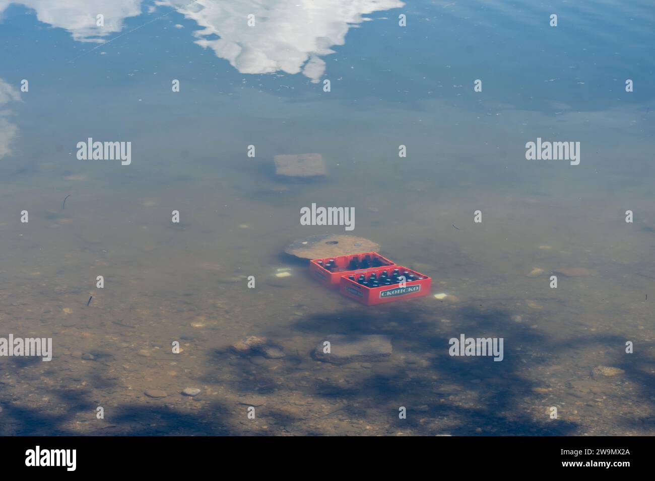 Red crates, with macedonian famous lager beer Skopsko, brand bottles