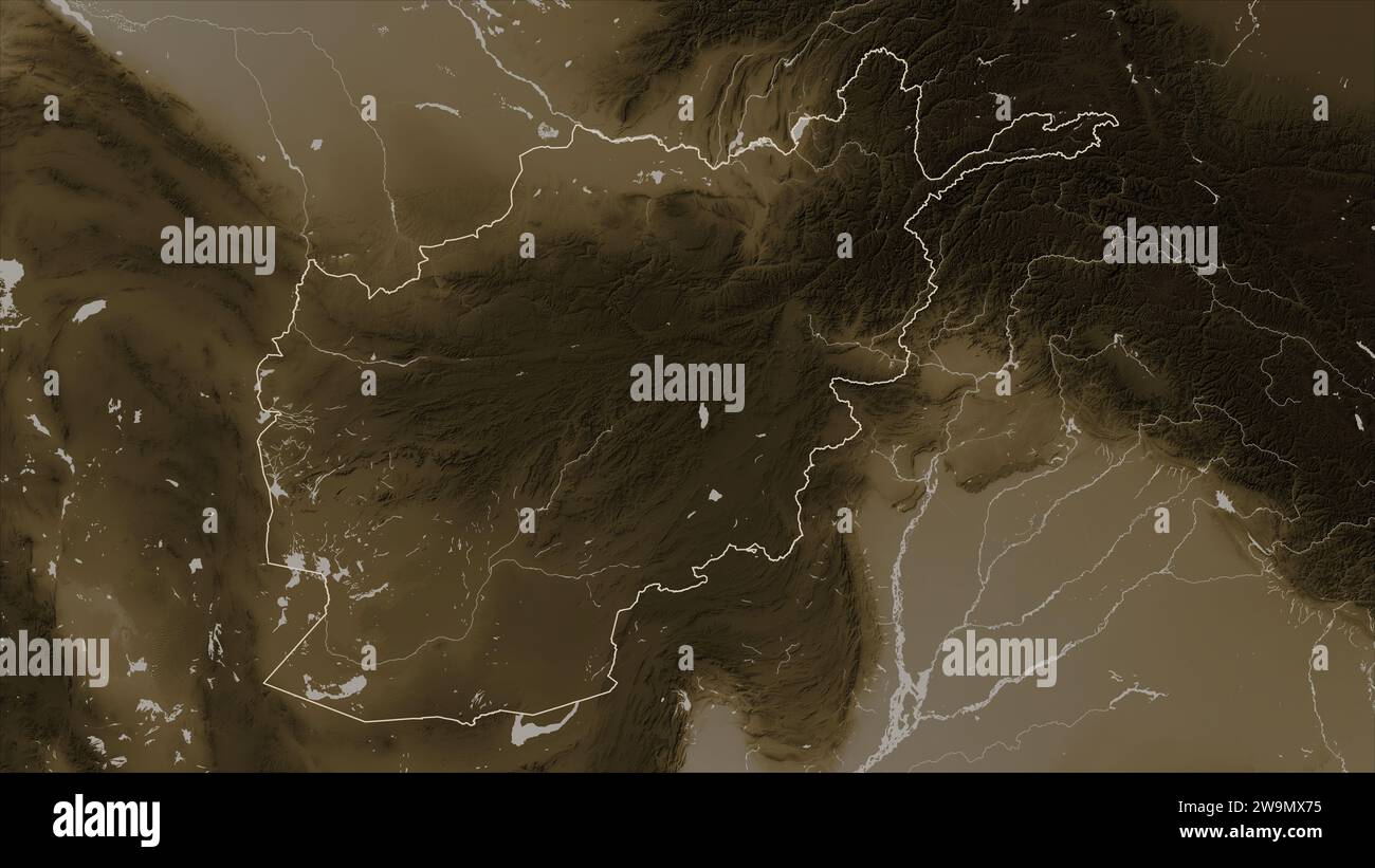 Afghanistan map zoom border sepia - Afghanistan Outlined On A Elevation Map Colored In Sepia Tones With Lakes And Rivers 2W9MX75