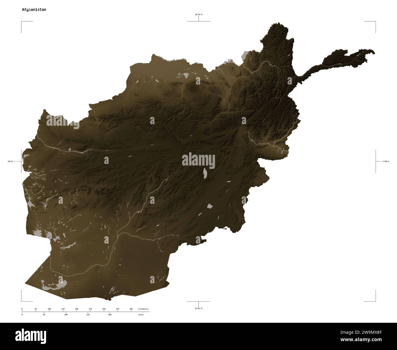 Afghanistan map zoom border sepia - Shape Of A Elevation Map Colored In Sepia Tones With Lakes And Rivers Of The Afghanistan With Distance Scale And Map Border Coordinates Isolated On 2W9MX8F