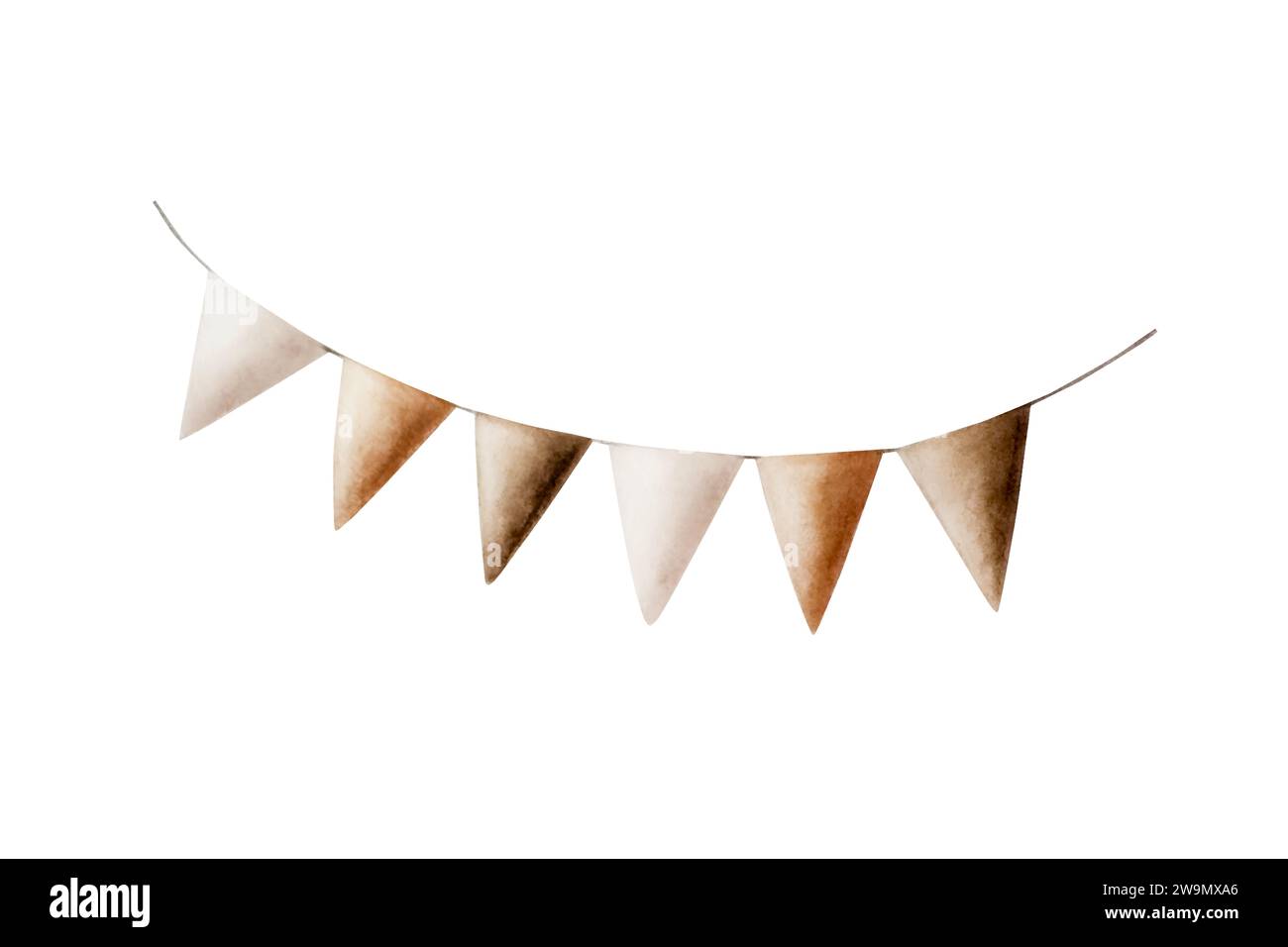 Watercolor birthday garland of brown and beige flags. Hand drawn triangle illustration isolated on white background. Holiday and festive element for d Stock Photo