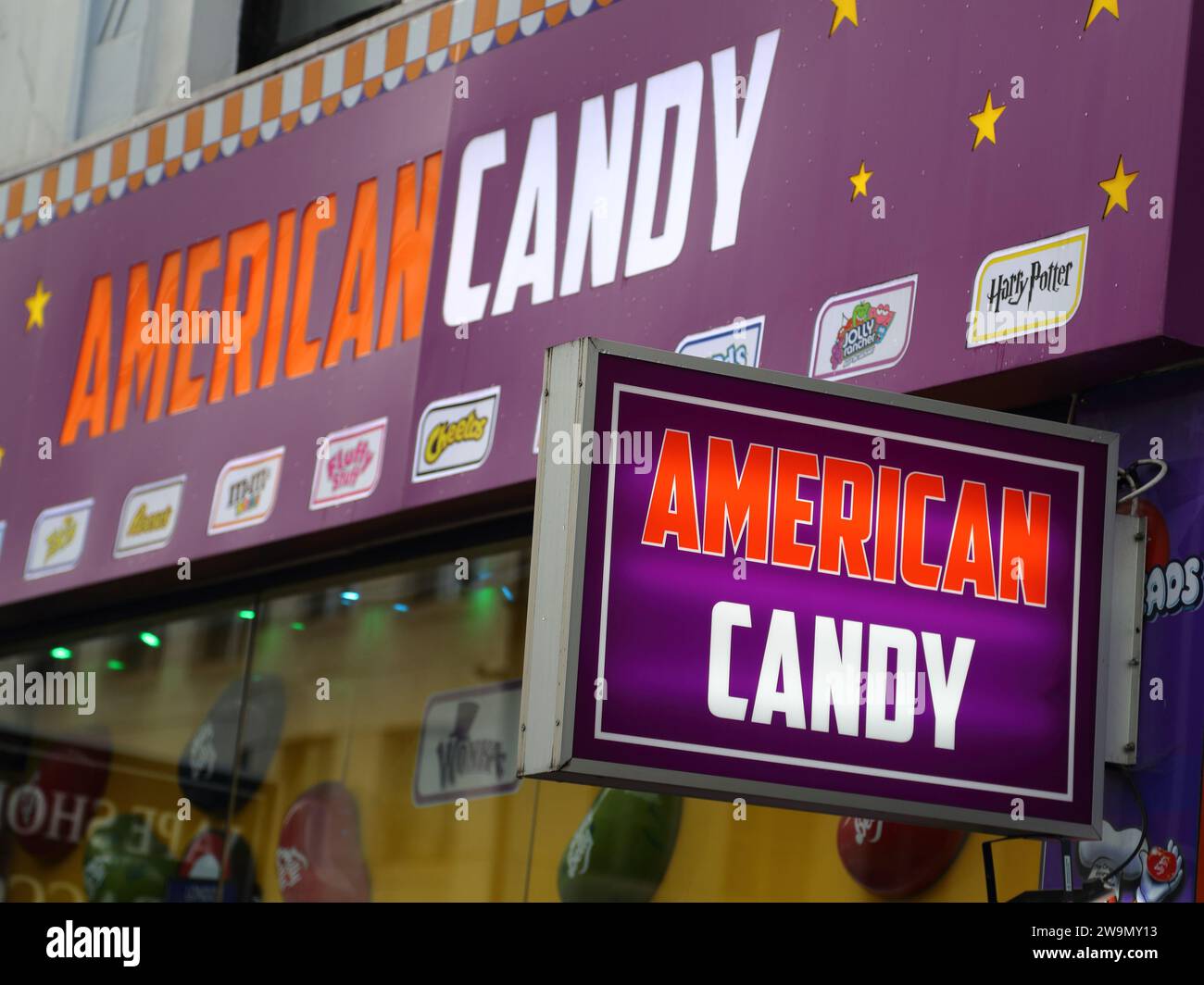 Logo above an American Candy store in central London, UK Stock Photo