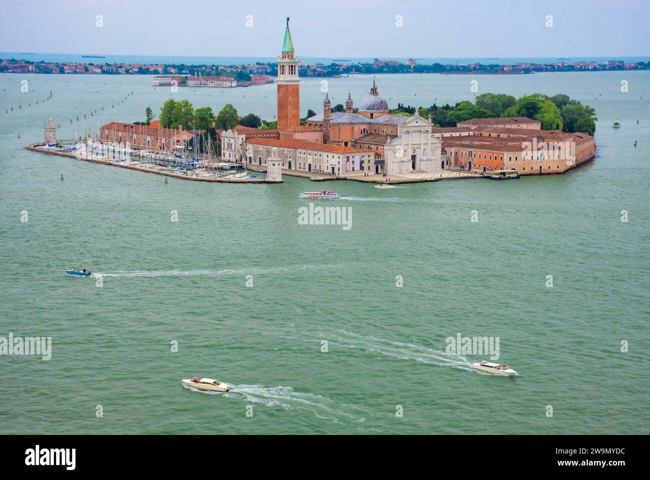 Aerial view of the island with the church of San Giorgio Maggiore, view from the Bell Tower (Campanile di San Marco), in Venice, Italy. Stock Photo