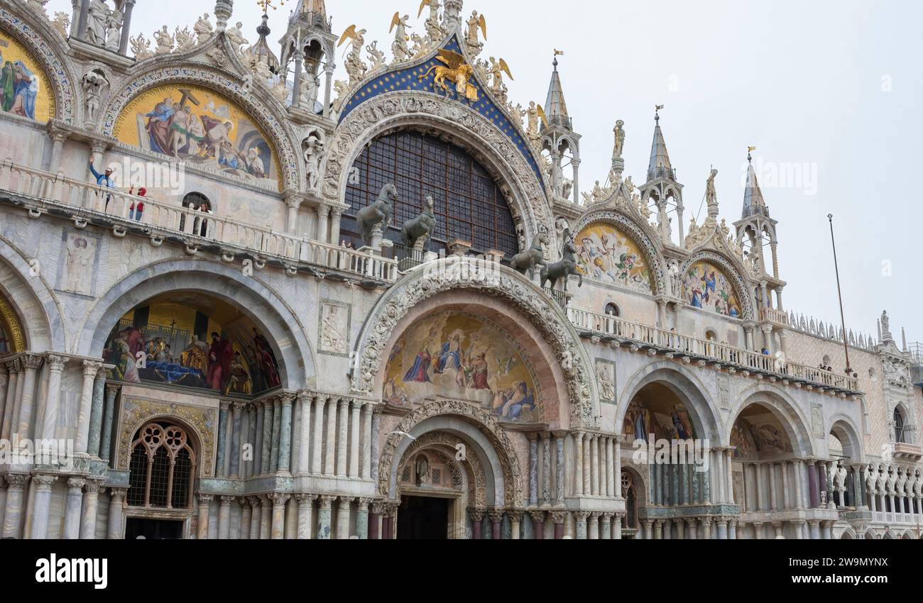 Architecture details of the amazing San Marco Basilica in St. Mark Square, famous tourist attraction in Venice, Italy Stock Photo