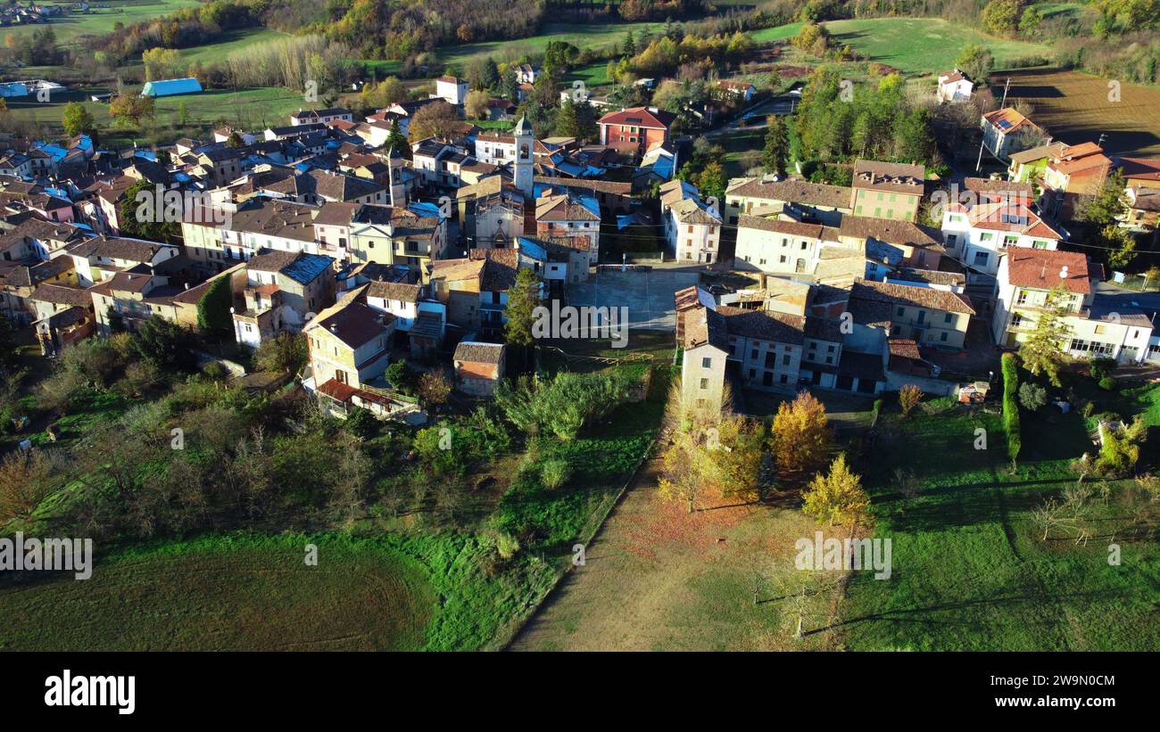 Aerial view of church and village rooftops, Carezzano, Alexandria, Piedmont, Italy Stock Photo