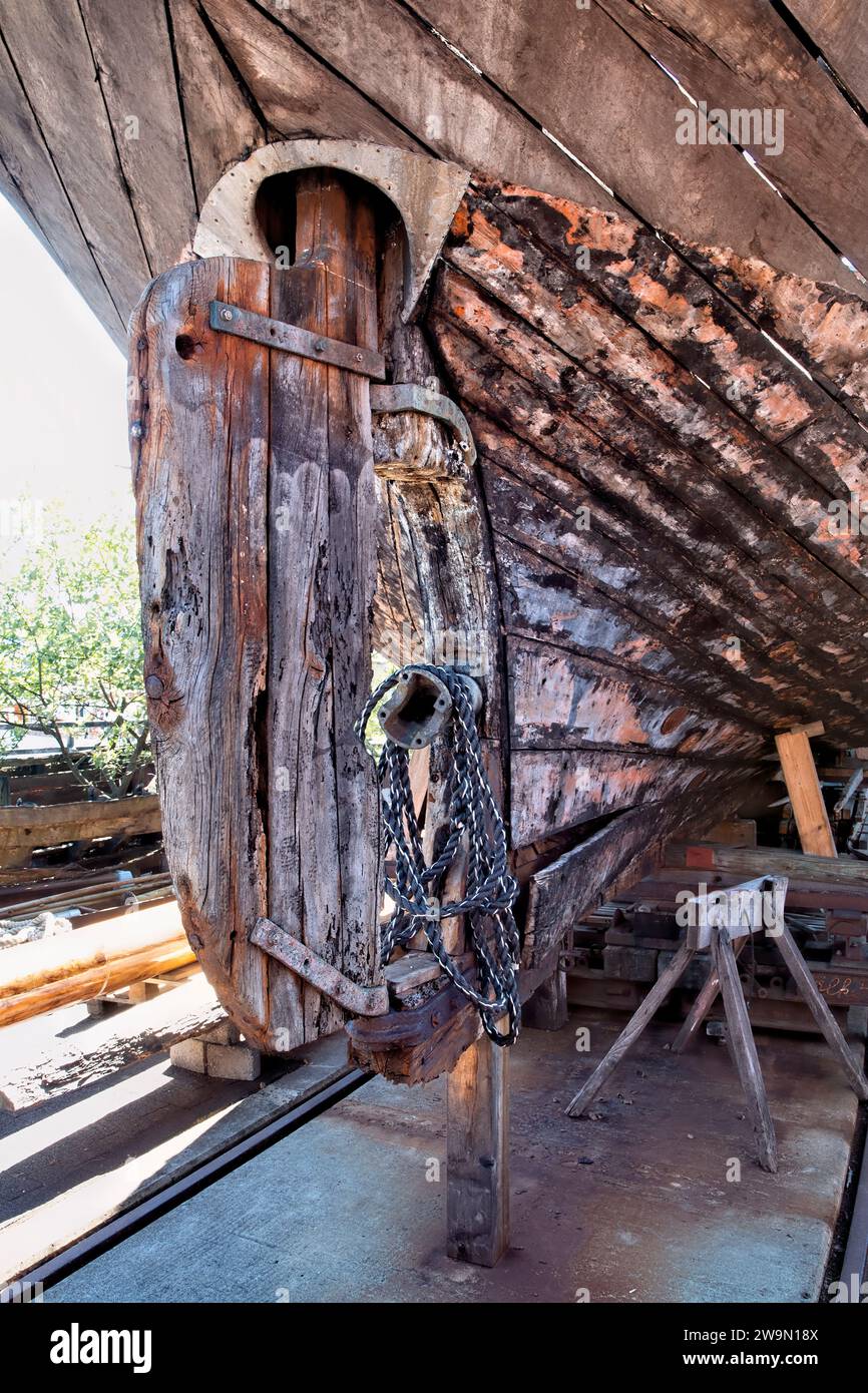 Rudder on an old wooden boat on a small shipyard in Flensburg