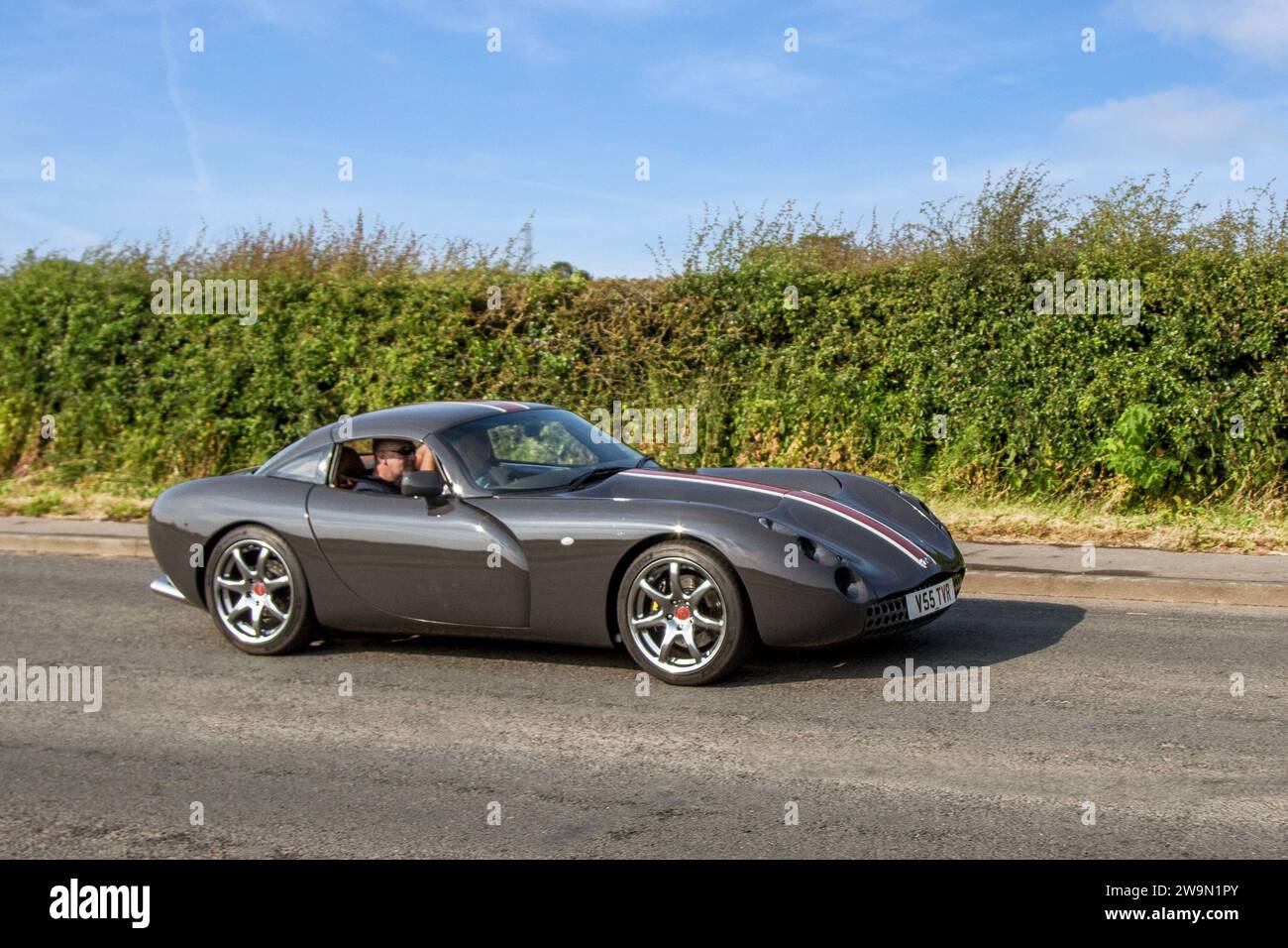 2001 Grey TVR Tuscan Car Roadster Petrol 3996 cc hardtop; Vintage restored classic specialist motors vehicle restoration, automobile collectors, yesteryear motoring enthusiasts and historic veteran cars travelling in Cheshire, UK Stock Photo