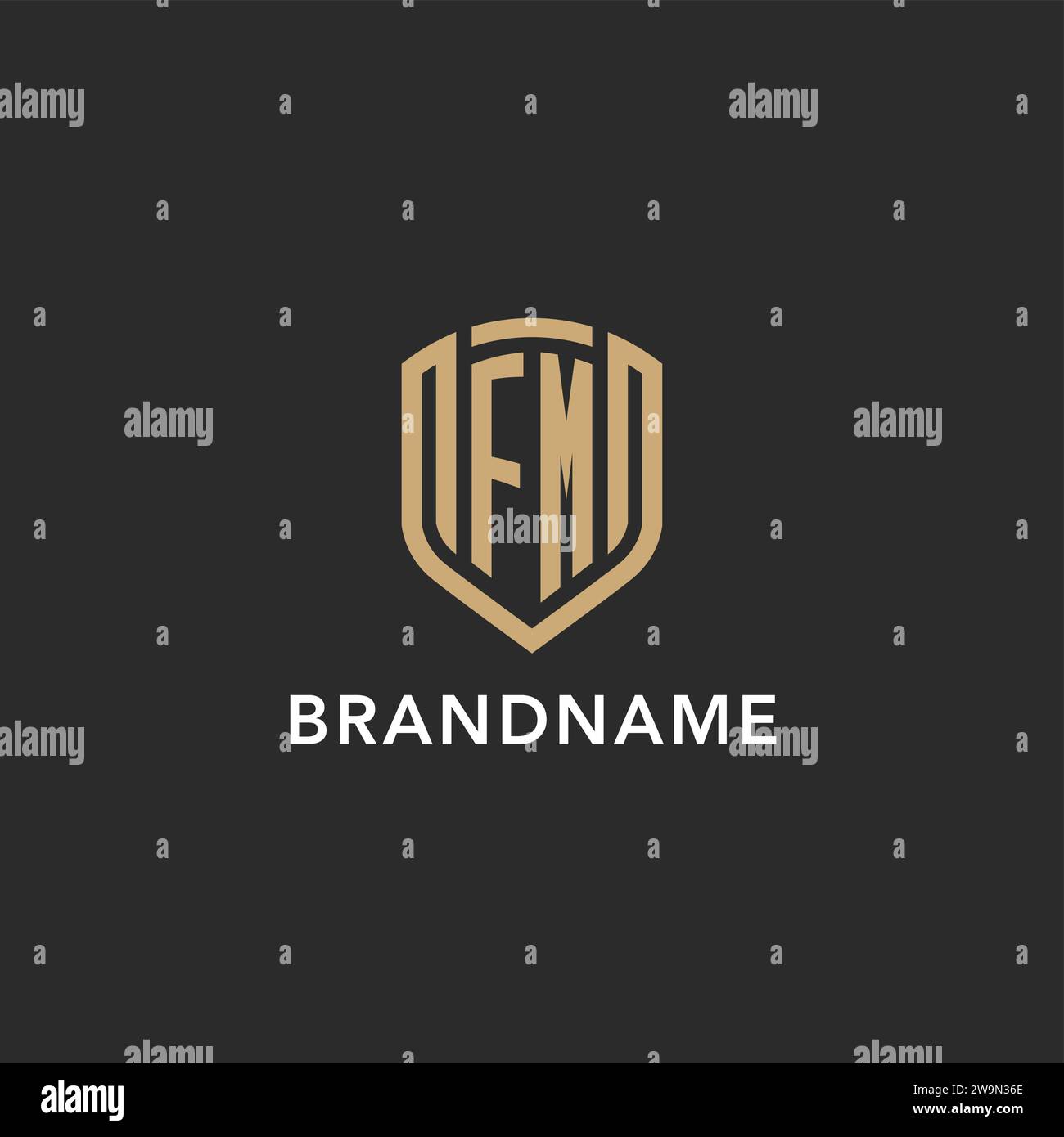 Luxury FM logo monogram shield shape monoline style with gold color and dark background vector graphic Stock Vector