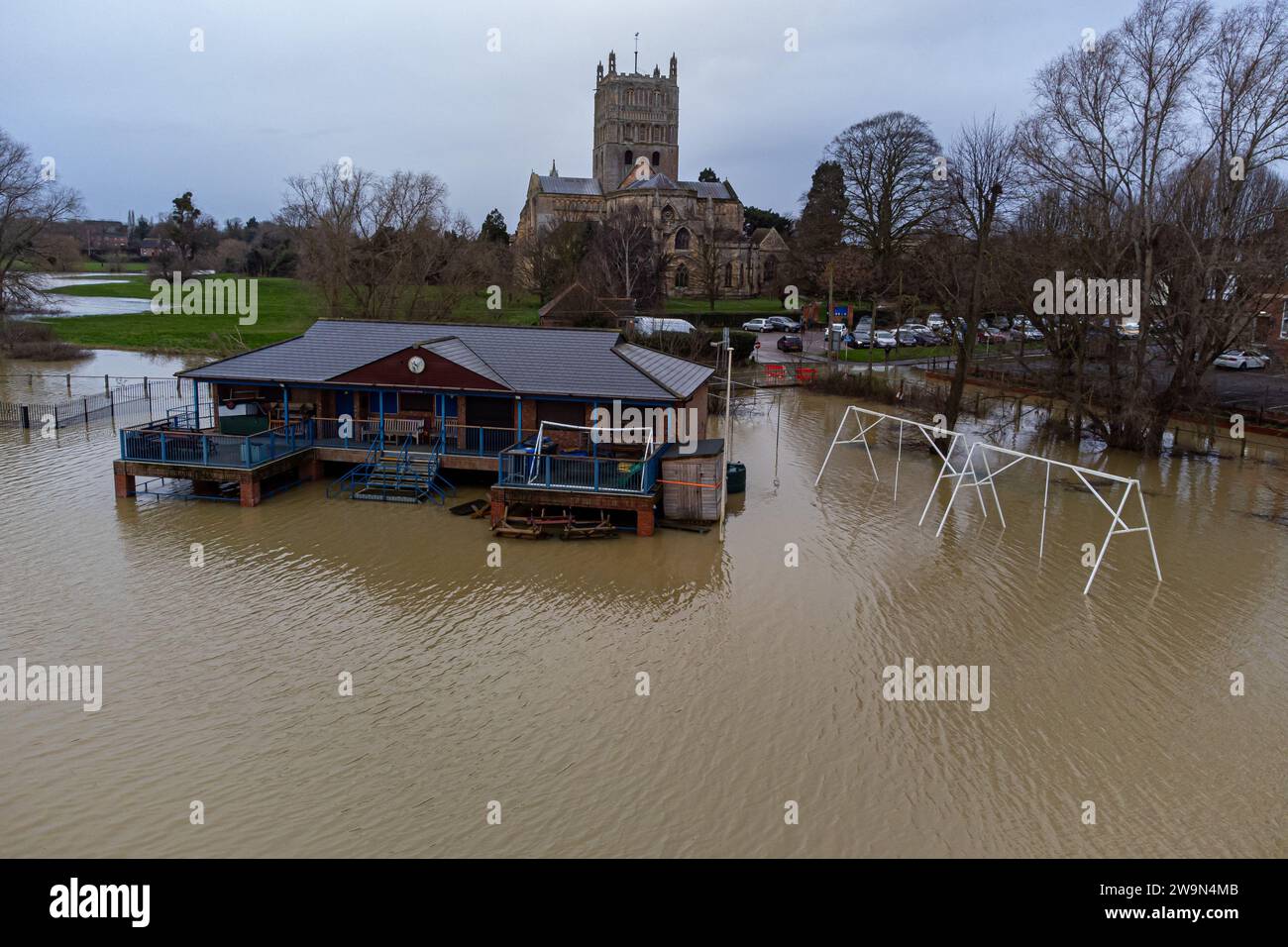 Tewkesbury cricket club pavilion after heavy rain from storm Gerrit. Picture date: Friday December 29, 2023. Stock Photo
