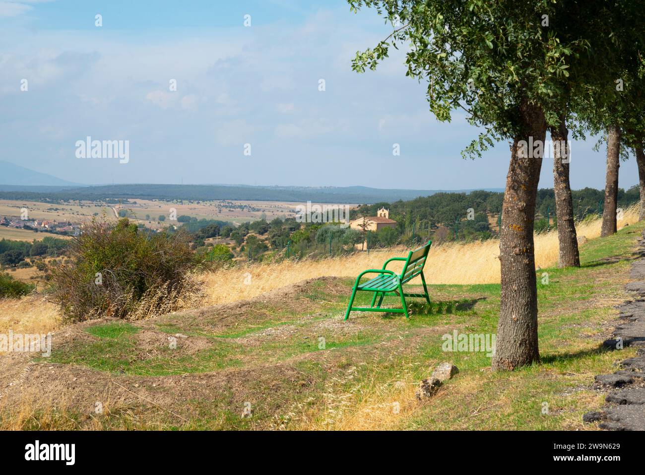 Bench and landscape. Cerezo de Arriba, Segovia province, Castilla Leon, Spain. Stock Photo