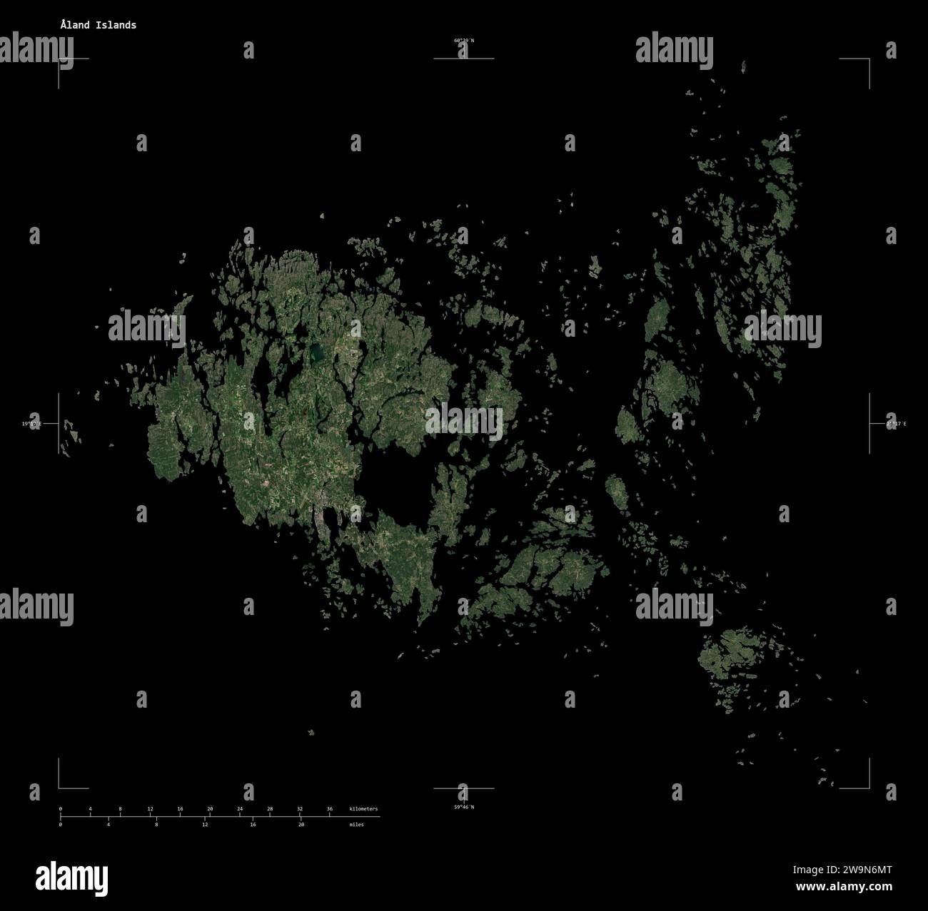 Shape of a low resolution satellite map of the Aland Islands, with distance scale and map border coordinates, isolated on black Stock Photo
