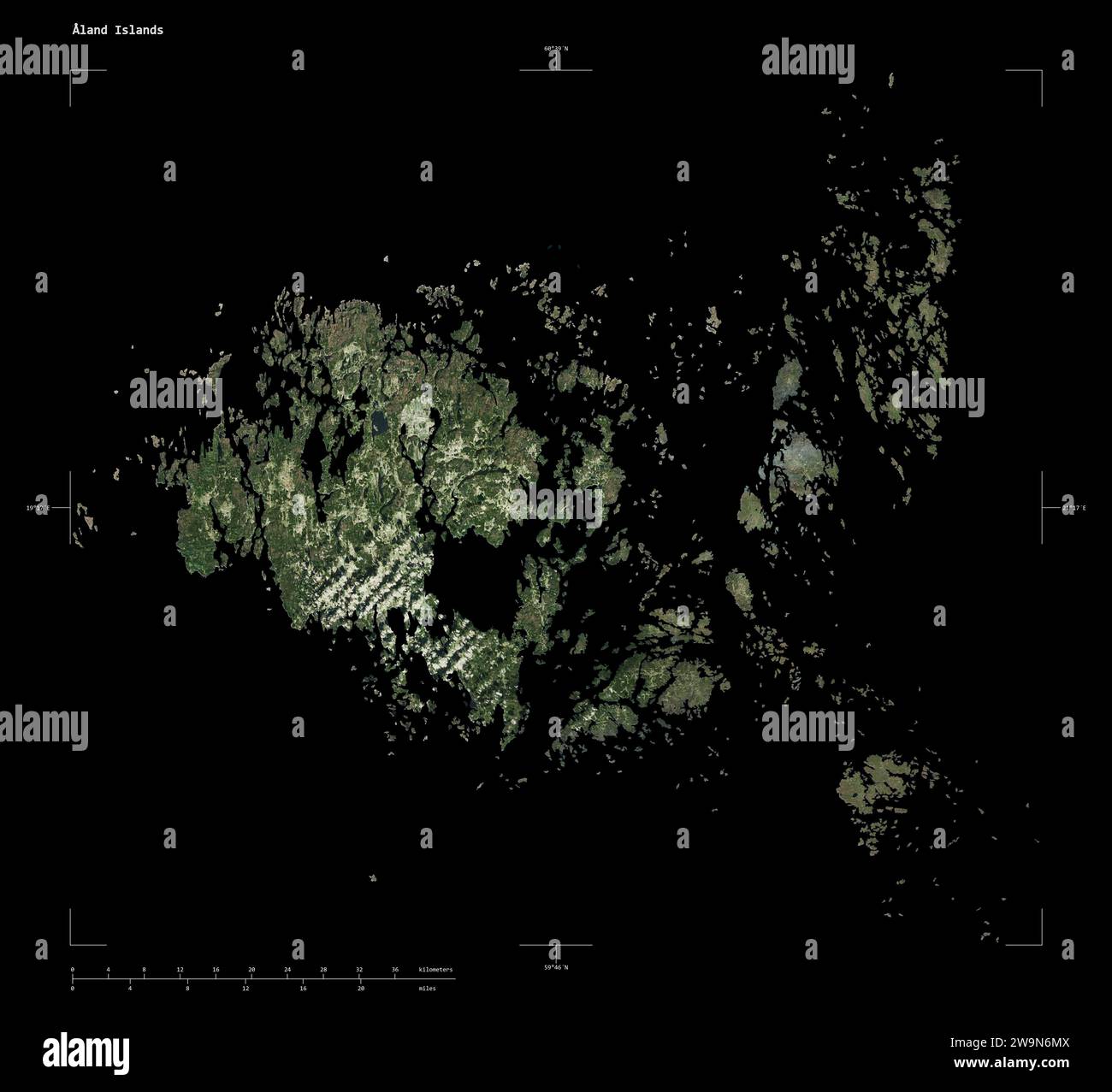 Shape of a high resolution satellite map of the Aland Islands, with distance scale and map border coordinates, isolated on black Stock Photo