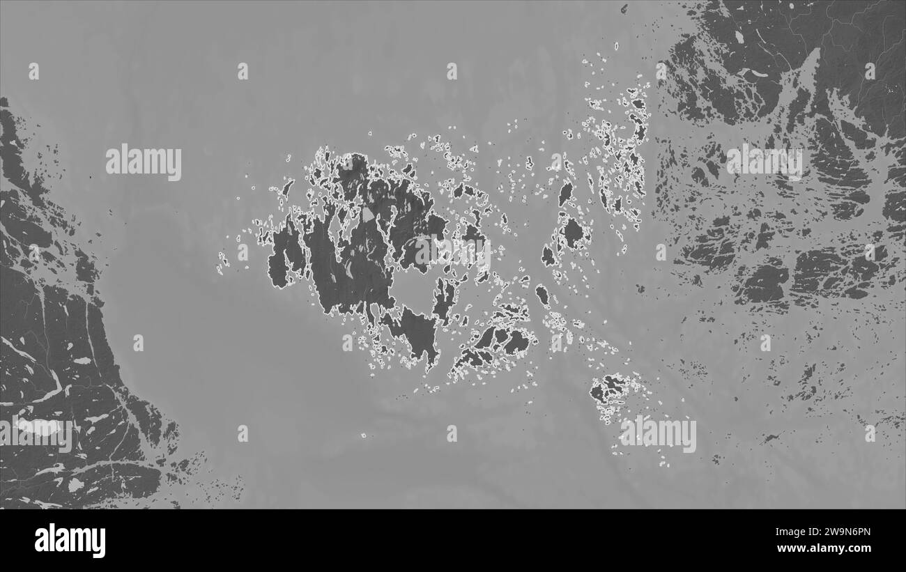 Aland Islands outlined on a Grayscale elevation map with lakes and rivers Stock Photo