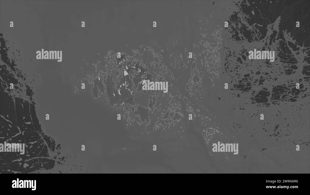 Aland Islands highlighted on a Grayscale elevation map with lakes and rivers Stock Photo