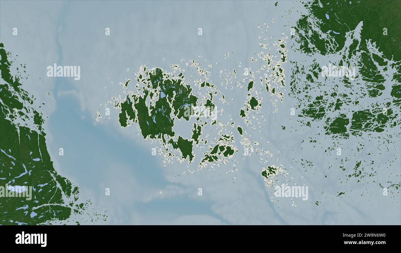 Aland Islands outlined on a Pale colored elevation map with lakes and rivers Stock Photo