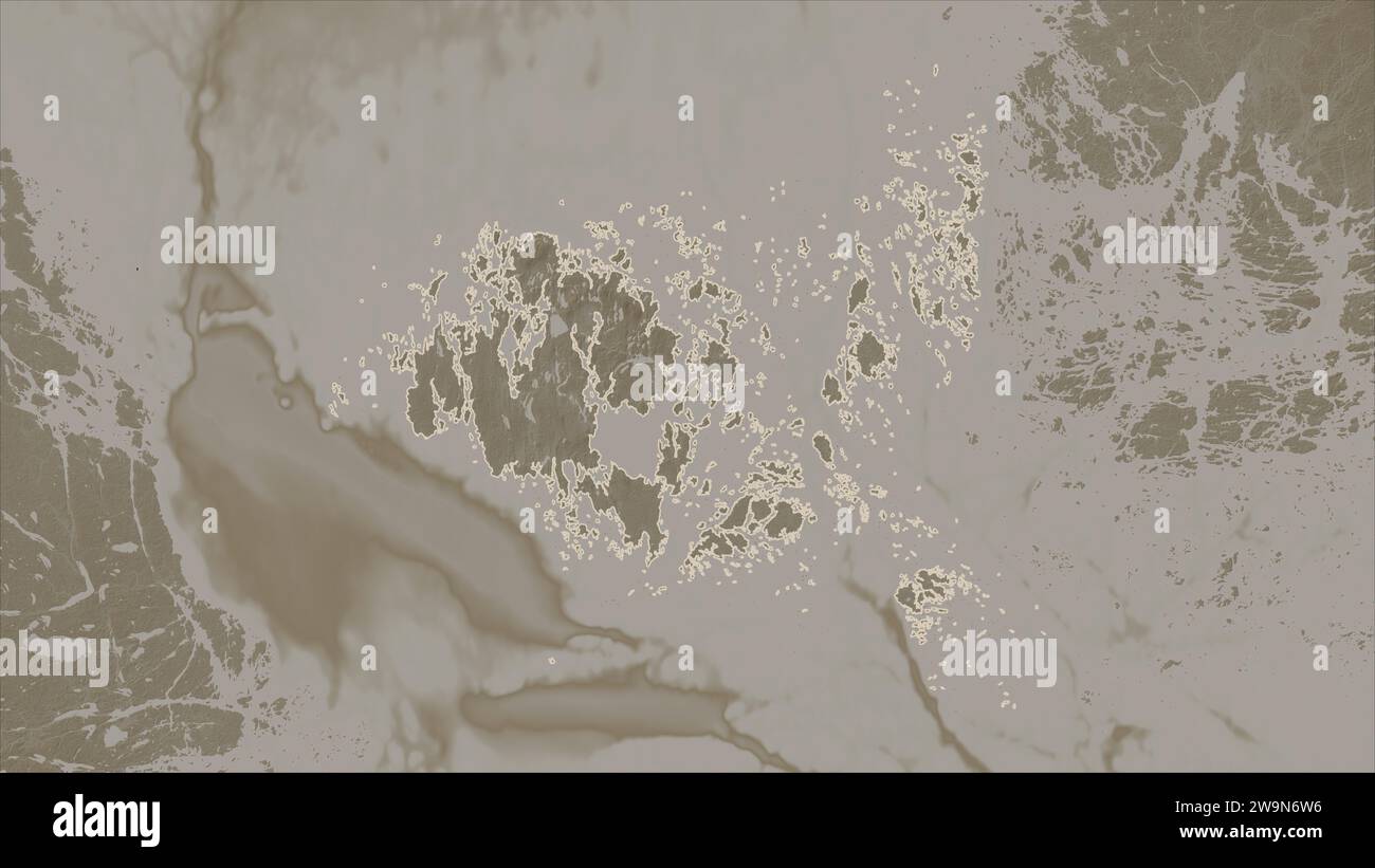 Aland Islands outlined on a elevation map colored in sepia tones with lakes and rivers Stock Photo