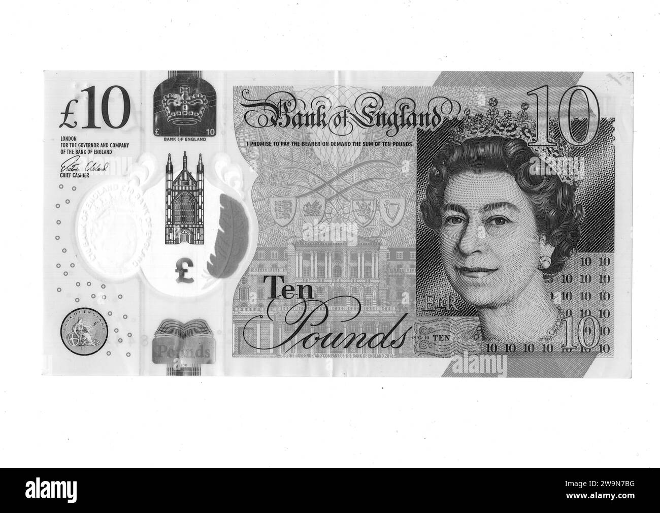 The front of a ten pound note featuring a portrait of Queen Elizabeth II from the United Kingdom on a white background. Stock Photo