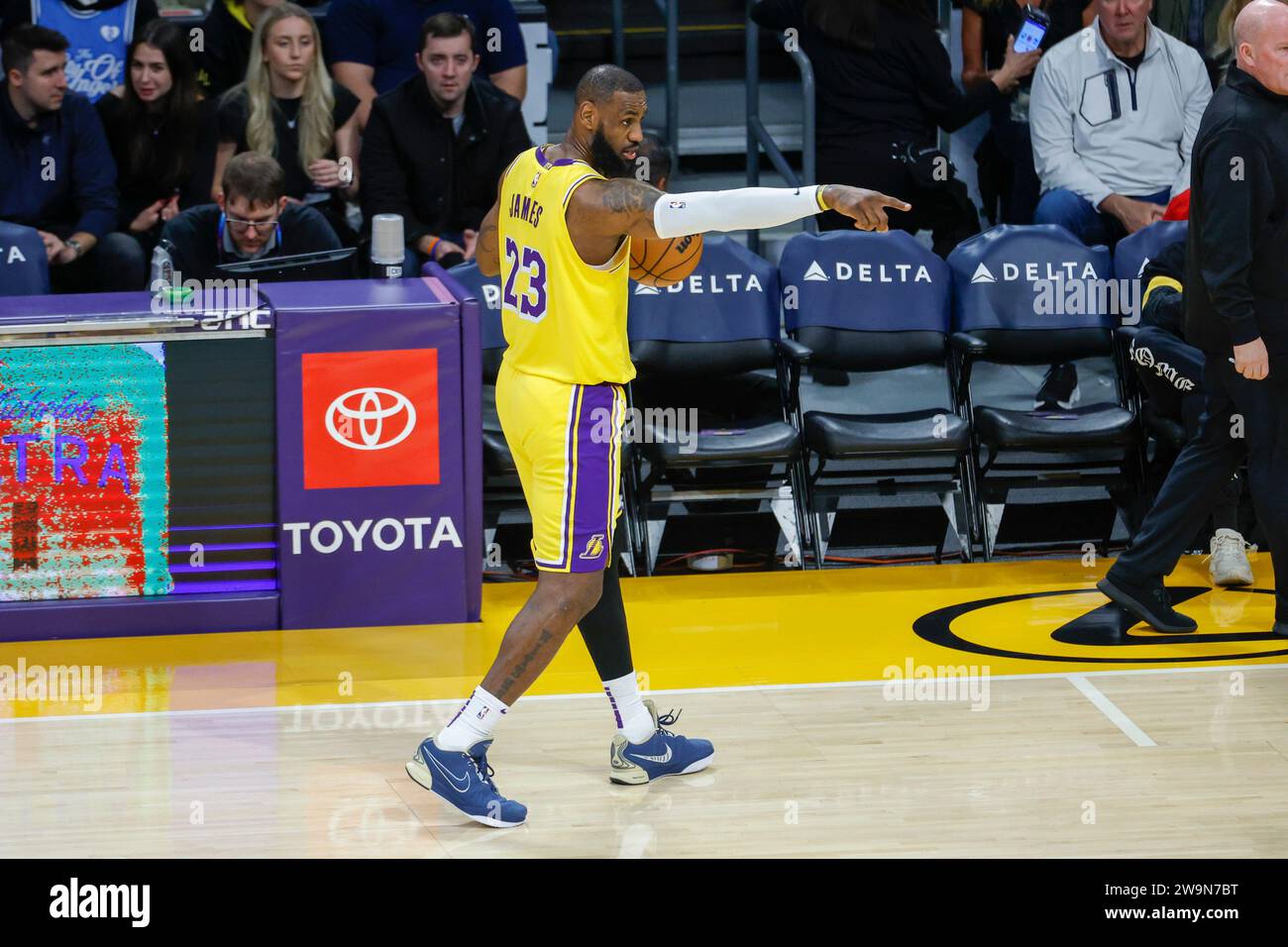 Los Angeles, United States. 28th Dec, 2023. Los Angeles Lakers' LeBron James #23 gestures during an NBA basketball game against the Charlotte Hornets at Crypto.com Arena in Los Angeles. Final score; Lakers 133:112 Hornets Credit: SOPA Images Limited/Alamy Live News Stock Photo