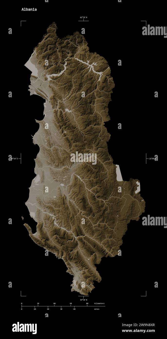 Albania map solid border sepia - Shape Of A Elevation Map Colored In Sepia Tones With Lakes And Rivers Of The Albania With Distance Scale And Map Border Coordinates Isolated On Blac 2W9N8XR