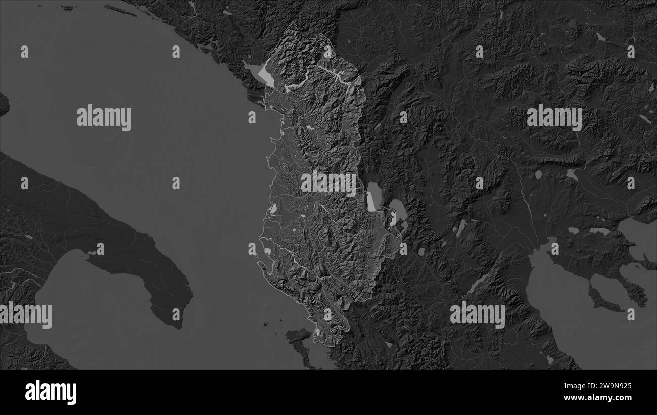 Albania highlighted on a Bilevel elevation map with lakes and rivers ...